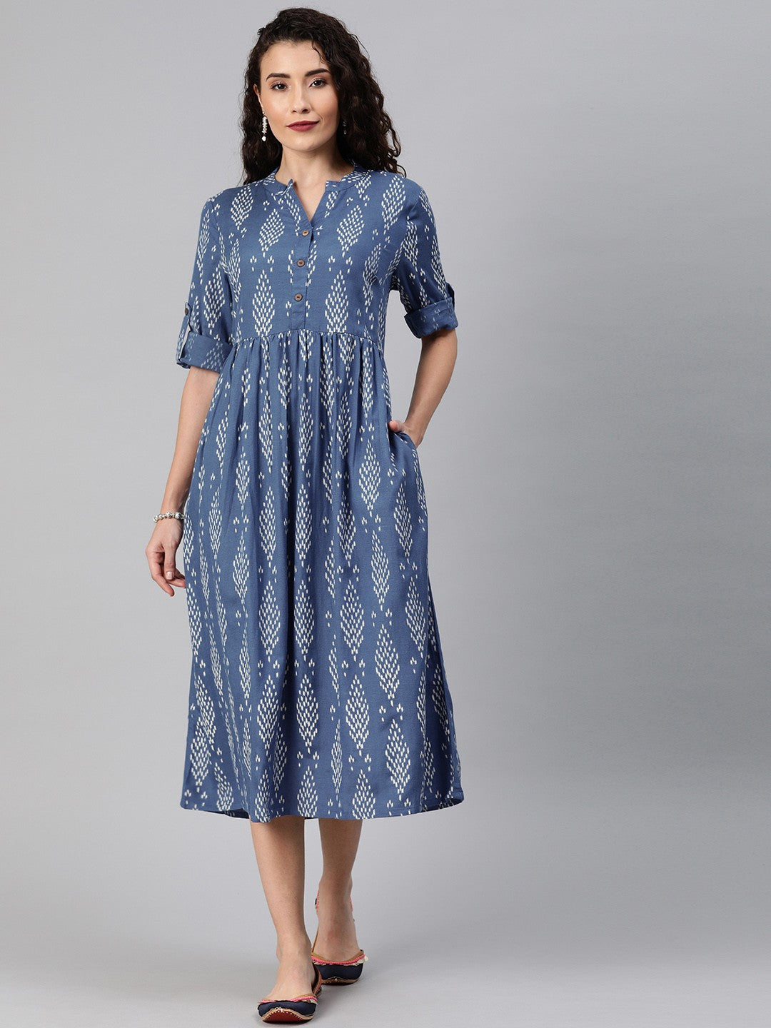 Women Blue & Grey Printed A-Line Fusion Kurta