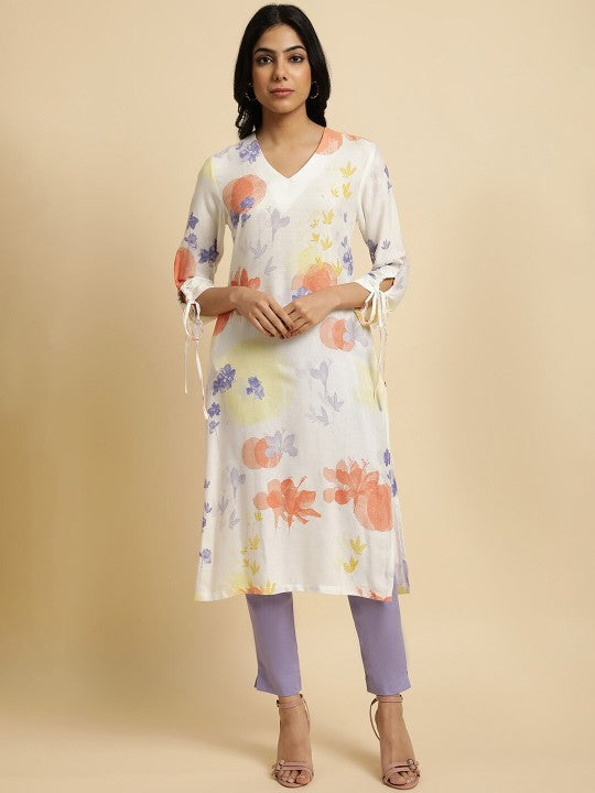 White & Peach Floral Printed V Neck Kurta